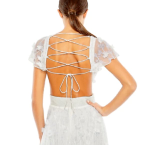 MAC DUGGAL 70275 FLORAL APPLIQUE EMBELLISHED LACE UP BACK FLOWEY WHITE GOWN sz 4 - Picture 5 of 7